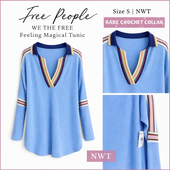 Free People Tops - Free People We The Free Feeling Magical Tunic Top S NWT Blue Crochet Collar Boho